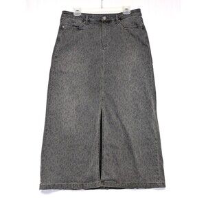 NYDJ High Rise Long Skirt Front Center Split Leopard Print Denim Gray Size 8